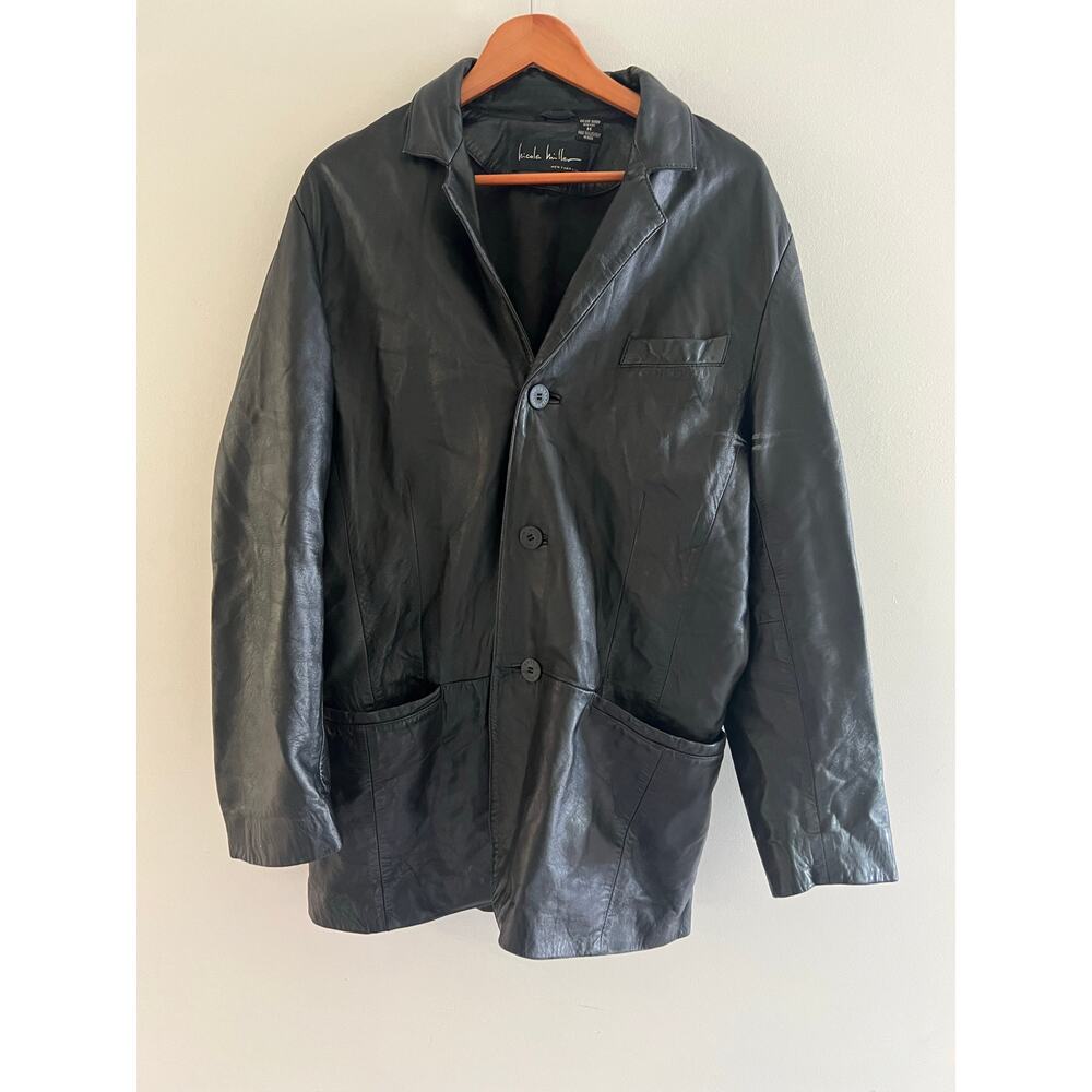 Nicole Miller Vintage Trench Black Leather Jacket 3 Button Size Medium JL